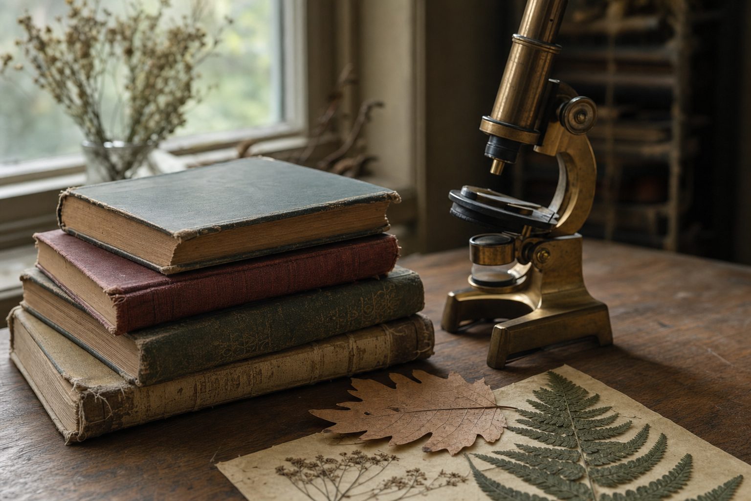 Worn hardcover books, a brass microscope, and pressed leaves on a wooden table